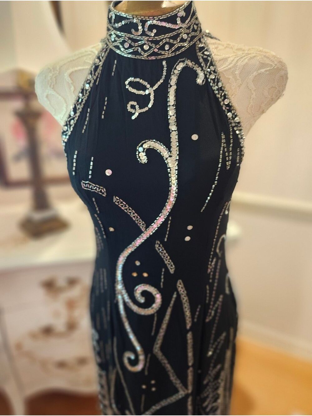 Vintage Lillie Rubin Art Deco Black & Silver Beaded Sequin Evening Dress 6 - Picture 2 of 11